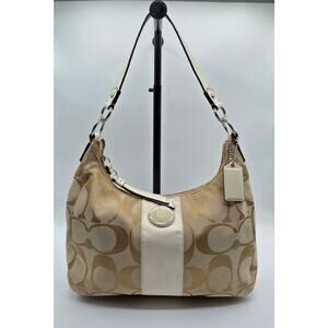 COACH STRIPE Khaki/Champagne Signature Jacquard Patent Leather Convertble Hobo
